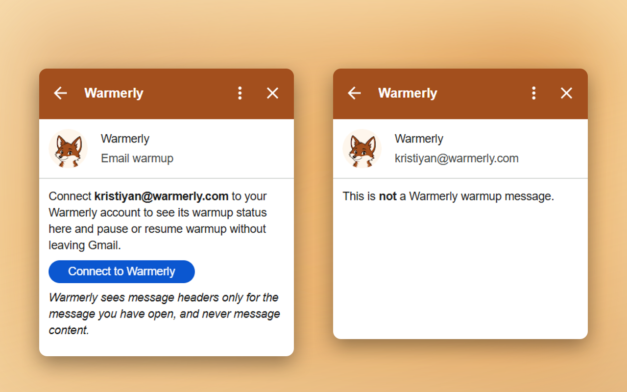 The Warmerly sidebar's Connect card next to its open-message check reading 'This is not a Warmerly warmup message'