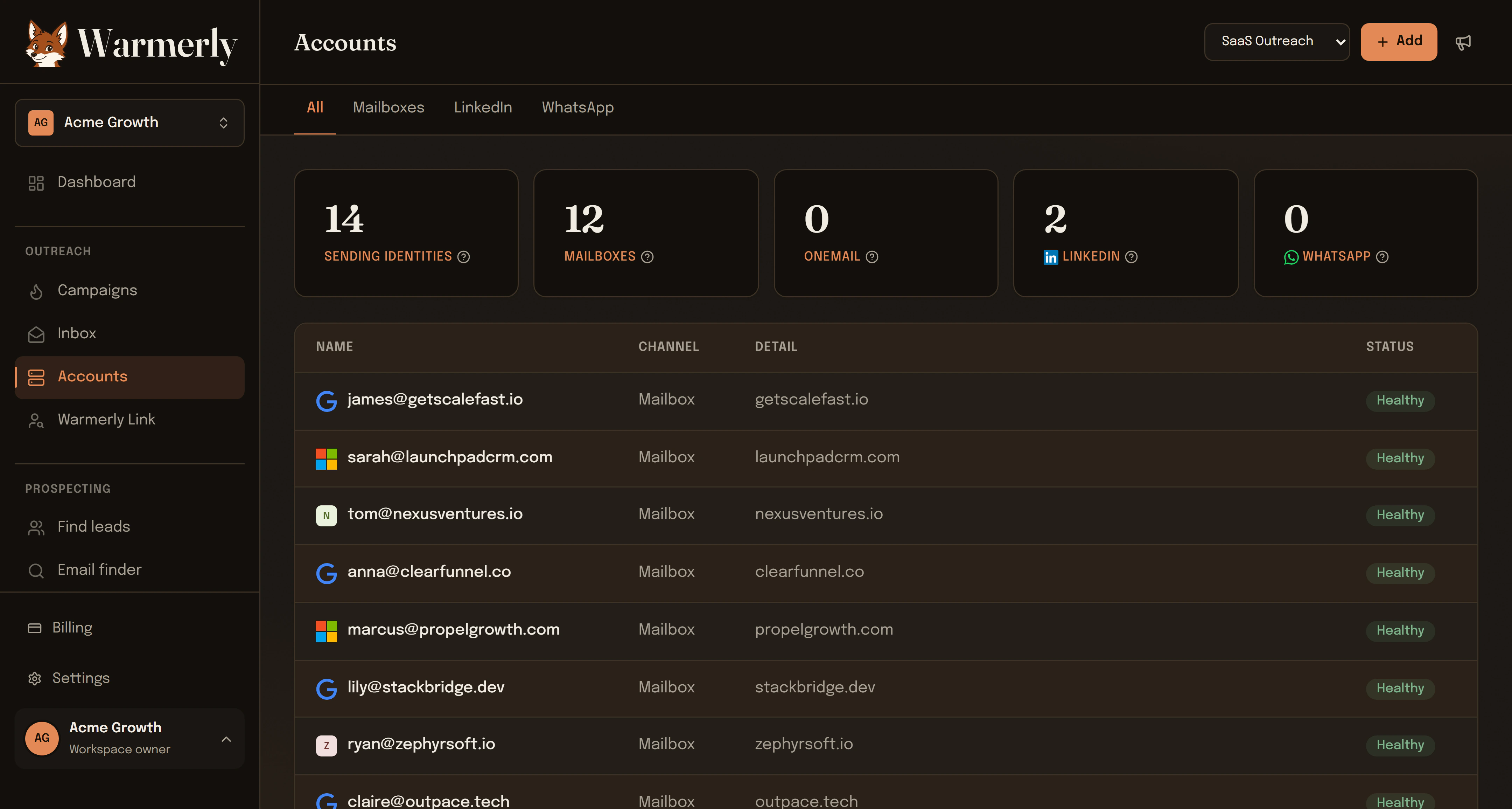 Warmerly accounts page listing every sending identity — Gmail, Outlook and custom mailboxes plus LinkedIn — each with its health status