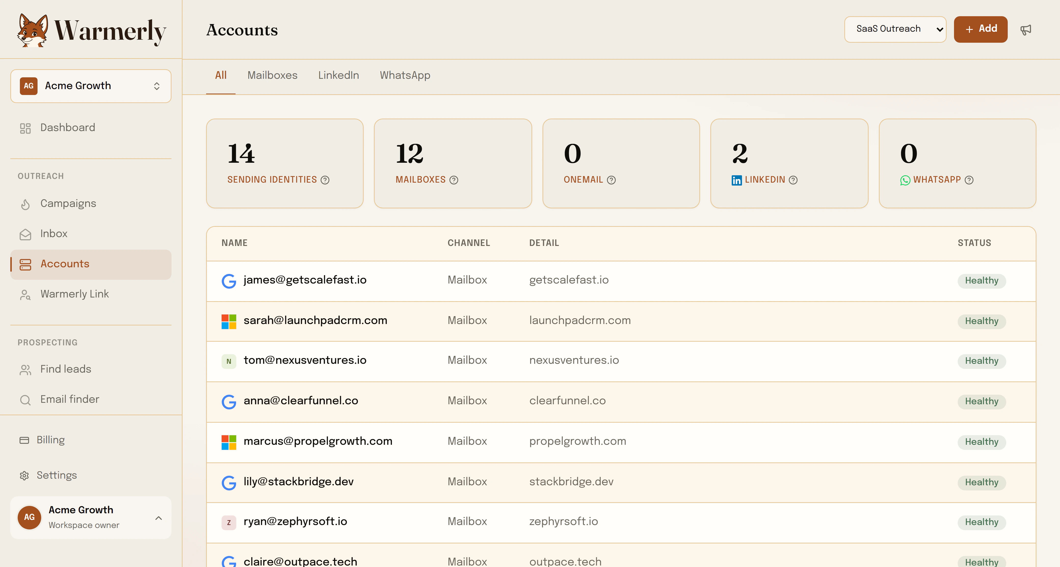 Warmerly accounts page listing every sending identity — Gmail, Outlook and custom mailboxes plus LinkedIn — each with its health status